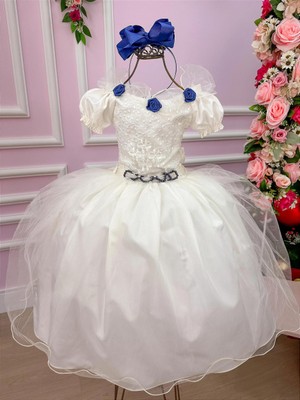 Vestido Glamour Branco - Bordado com Rosas em Azul Marinho