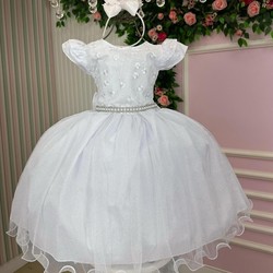 Vestido Luxo Manga Princesa - Branco Bordado 