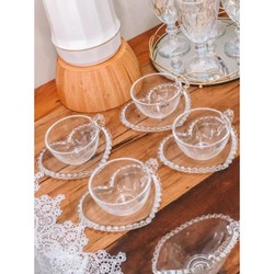 Conjunto 4 Xícaras Chá com Pires Coração Cristal Pearl 180 ml Wolff Transparente