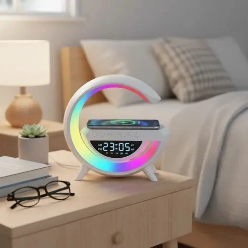 Luminária Inteligente G Speaker 5 em 1 Bluetooth Carregador Sem Fio e Relógio