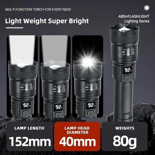 Forte Poder Lanternas LED, Tocha Tática, Display Luz, Carregamento USB, Camping, Pesca, Lanterna Zoom de Emergência, 2000LM, Alta