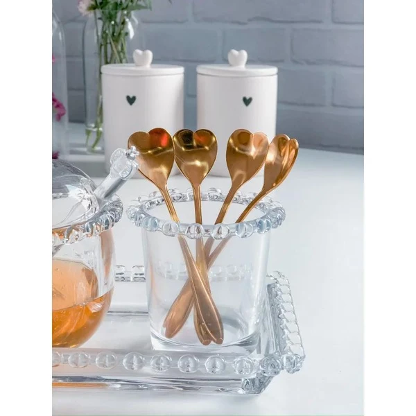 Conjunto 4 Colheres Aço Inox P/Chá Heart Dourado