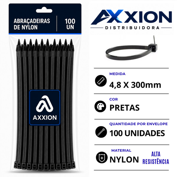 100 Unidades de Abraçadeira de Nylon 4,8x300mm (30cm) Pretas