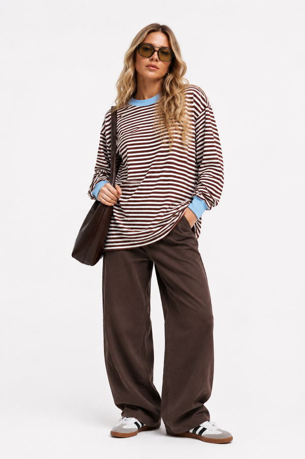 Blusa Listrada Oversized Marrom e Azul