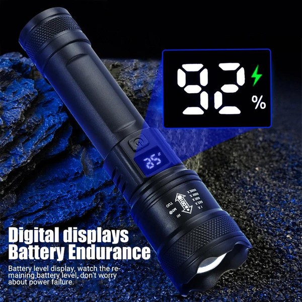 Forte Poder Lanternas LED, Tocha Tática, Display Luz, Carregamento USB, Camping, Pesca, Lanterna Zoom de Emergência, 2000LM, Alta