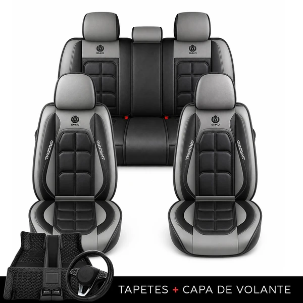 Kit Completo de Capas para Banco de Carro Velox  em Couro Legítimo Universal 5 Lugares Com Airbag + Tapetes e Capa de Volante