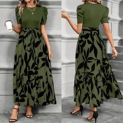 Vestido Longo Estampado Floral Feminino Com Bloco Decote Redondo De Cores Damasco E Cinto Estampado