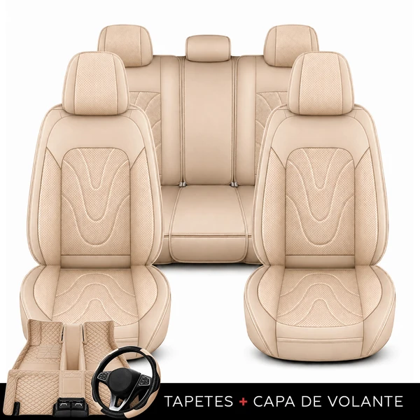 Kit Completo de Capas para Banco de Carro Aureon em Couro Legítimo Universal 5 Lugares Com Airbag + Tapetes e Capa de Volante
