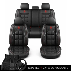 Kit Completo de Capas para Banco de Carro Velox em Couro Legítimo Universal 5 Lugares Com Airbag + Tapetes e Capa de Volante