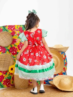 Vestido Junino - Vermelho C/ Verde Xadrez Floral 