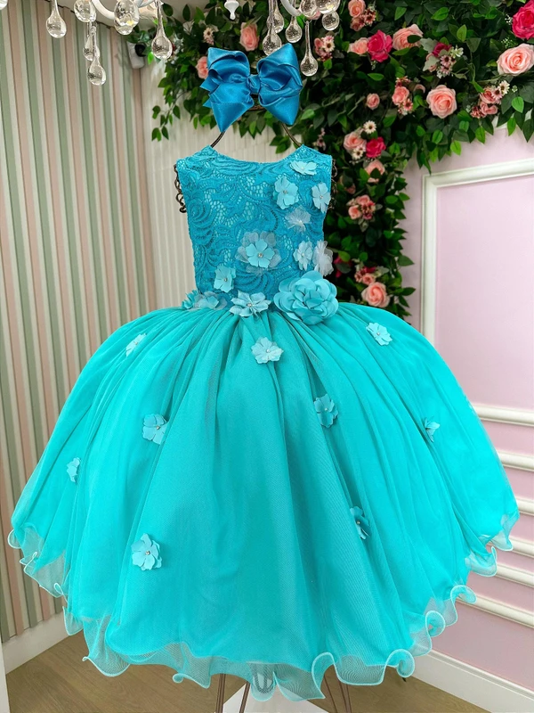 Vestido Luxo Bordado Floral - Verde Tiffany 