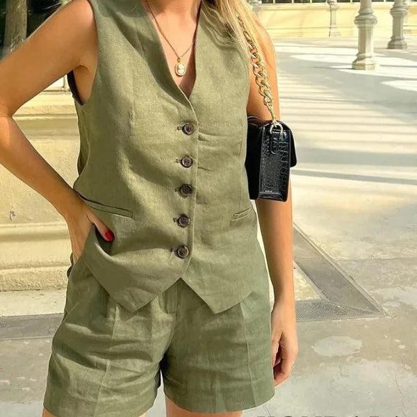 Conjunto Feminino em Alfaiataria – Colete e Shorts em Linho com Elegância Premium — foto 4