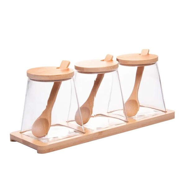 Jogo 3 Potes Vidro Colher Tampa e Suporte Bambu