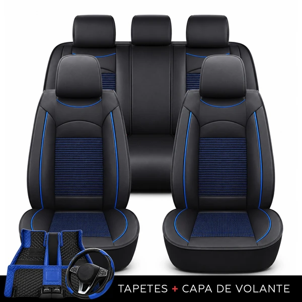 Kit Completo de Capas para Banco de Carro Turbo em Couro Legítimo Universal 5 Lugares Com Airbag + Tapetes e Capa de Volante