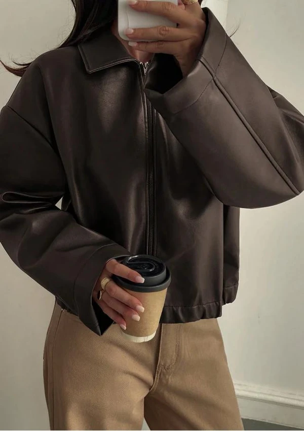 (PAGUE 1, LEVE 2)Jaqueta Casual Solta de Couro Sintético Feminina, Ajuste Regular, Outono/Inverno