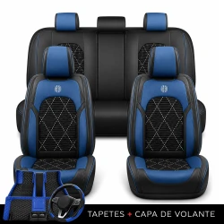 Kit Completo de Capas para Banco de Carro Evurion em Couro Legítimo Universal 5 Lugares Com Airbag + Tapetes e Capa de Volante