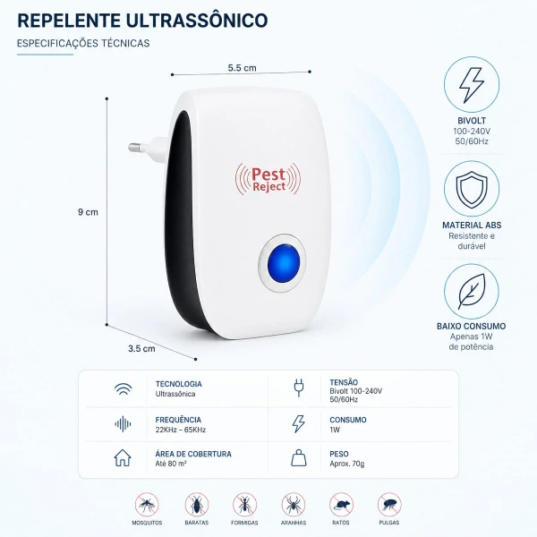 Repelente Eletrônico Ultrassônico Anti Pragas de Tomada - Espanta Mosquitos Ratos e Baratas