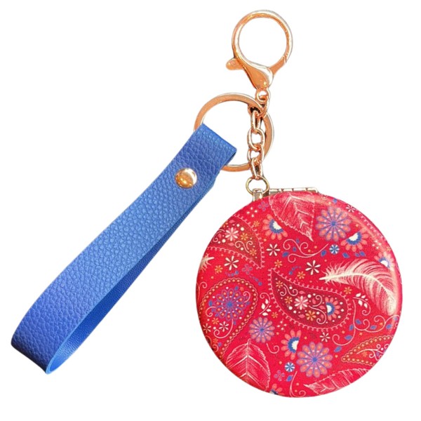 Espelho Redondo acabamentos em metal Rose alça em courino Azul-  Pnk Floral