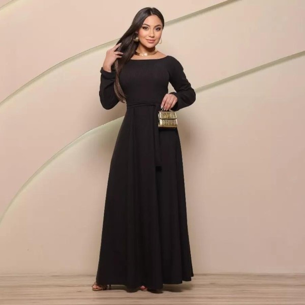 Vestido Longo Godê Canelado Manga Longa Feminino Elegante Inverno