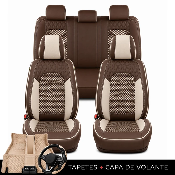 Kit Completo de Capas para Banco de Carro Reverse em Couro Legítimo Universal 5 Lugares Com Airbag + Tapetes e Capa de Volante