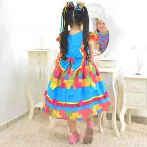Vestido Junino Azul E Estampa Com Efeito Retalho Luxuoso