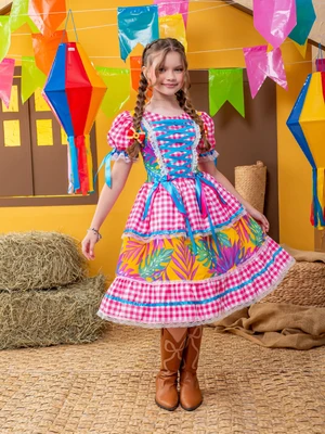 Vestido Junino – Xadrez Com Laço - Rosa e Azul 