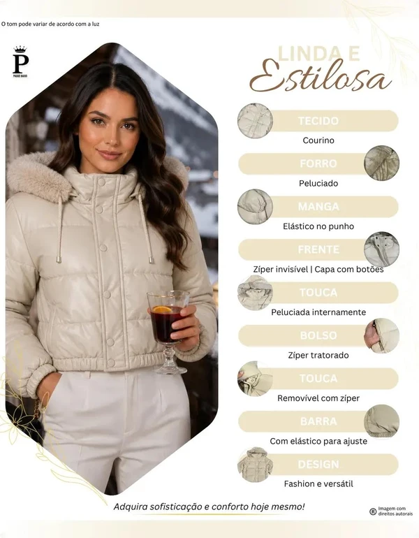 Jaqueta Puffer Feminina De Couro Forrada com Pelinho