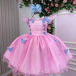 Vestido Fantasia Luxo – Jardim Encantado - Rosa C/Borboletas Azuis 