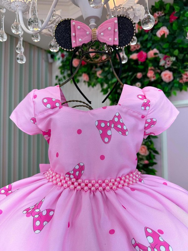 Vestido Temático Luxo Estampado - Minnie Mouse Laço