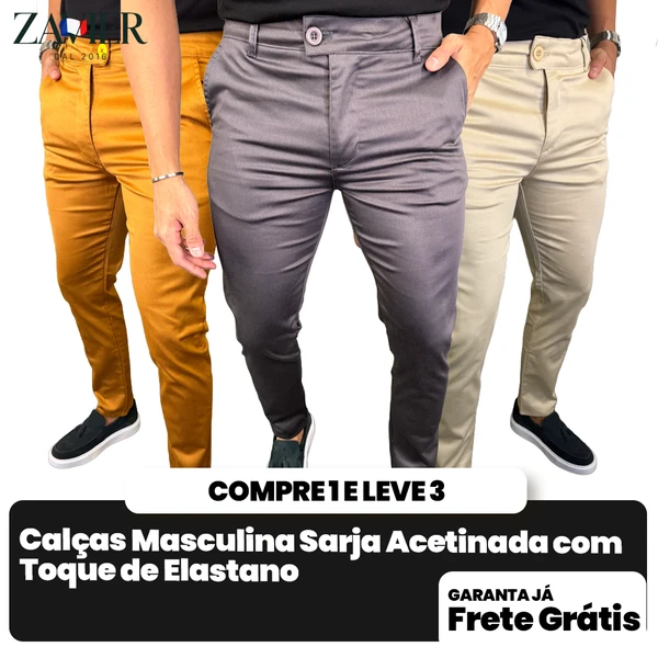 [COMPRE 1 E LEVE 3] – Calças Masculina Sarja Acetinada com Toque de Elastano
