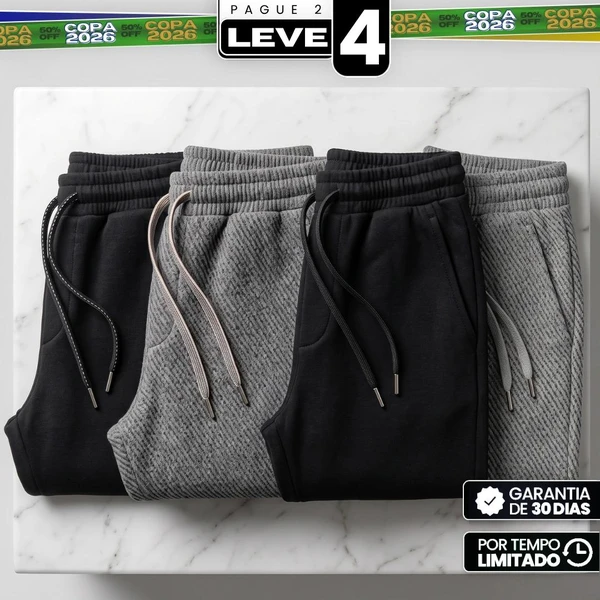 [Pague 2, Leve 4] Calça Tuesday Masculina em Algodão, Poliéster e Malha Texturizada de Caimento Reto com Cós Elástico e Cordão Trançado