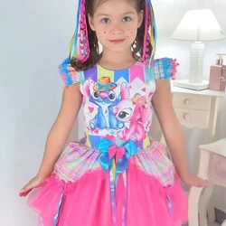 Vestido Stitch e Lilo Festa Junina Xadrez Rosa Quadrilha