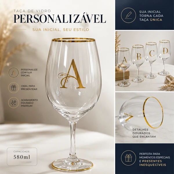 Taça Gastro para Vinho Tinto Personalizada com Inicial – 580 ml