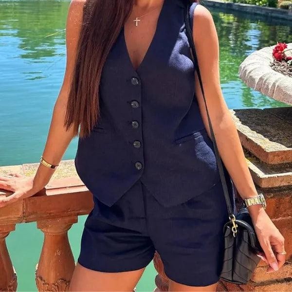 Conjunto Feminino em Alfaiataria – Colete e Shorts em Linho com Elegância Premium — foto 3