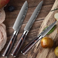 Conjunto de facas de cozinha em aço inoxidável, Laser Damasco, Japonês Santoku Cleaver, Fatiar Utilitário Chef Faca, 7CR17, 440C, 3 Pcs