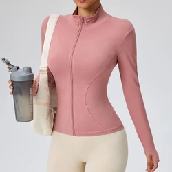 Jaqueta fitness feminina, blusa justa de secagem rápida, coleção outono 2025, manga longa com proteção solar, gola alta, ideal para esportes e Pilates.