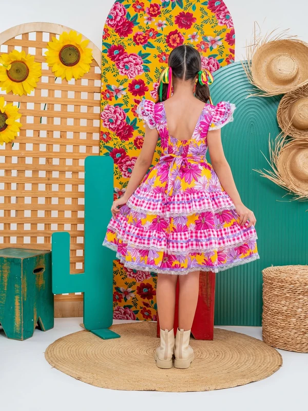 Vestido Junino – Estampado Florida - Lilás C/Rosa