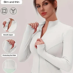 Jaqueta fitness feminina, blusa justa de secagem rápida, coleção outono 2025, manga longa com proteção solar, gola alta, ideal para esportes e Pilates.