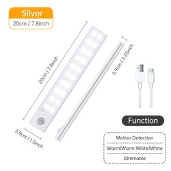 Sensor de movimento sem fio LED Night Light, USB lâmpada recarregável, armário, armário, armário, sob retroiluminação, cozinha