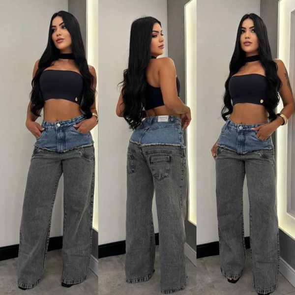 CALÇA JEANS WID LEG BICOLOR