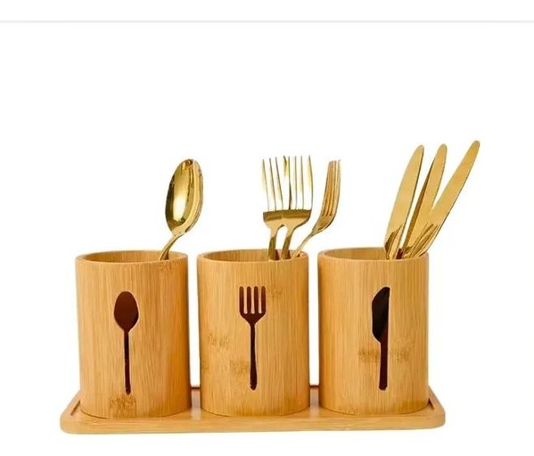 Kit Porta Talheres Bambu 3 Peças