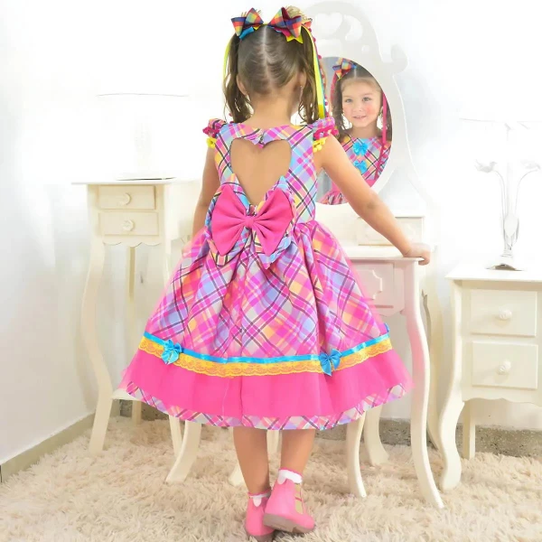 Vestido Festa Junina Xadrez  + Saia de Armação + 2 Laços