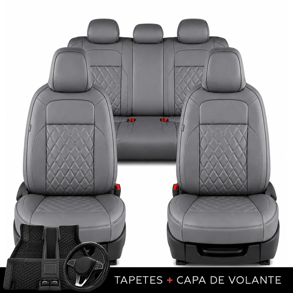 Kit Completo de Capas para Banco de Carro Evurus em Couro Legítimo Universal 5 Lugares Com Airbag + Tapetes e Capa de Volante