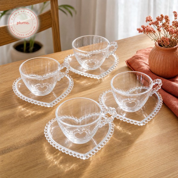 Conjunto 4 Xícaras Chá com Pires Coração Cristal Pearl 180 ml Wolff Transparente
