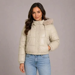 Jaqueta Puffer Feminina De Couro Forrada com Pelinho