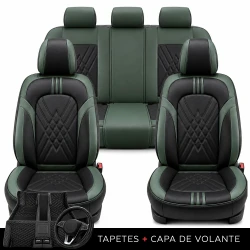 Kit Completo de Capas para Banco de Carro Averon em Couro Legítimo Universal 5 Lugares Com Airbag + Tapetes e Capa de Volante