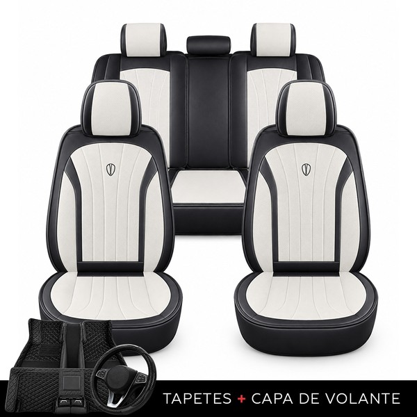 Kit Completo de Capas para Banco de Carro Protecar em Couro Legítimo Universal 5 Lugares Com Airbag + Tapetes e Capa de Volante