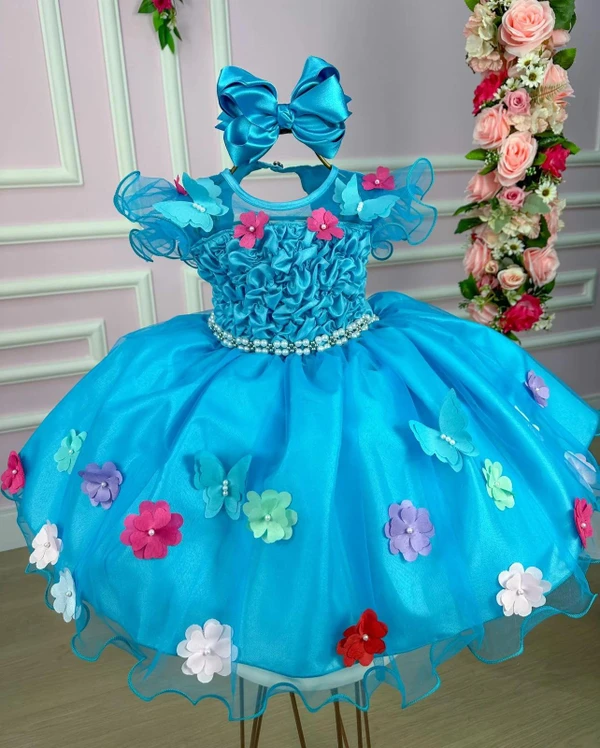Vestido Fantasia Luxo - Jardim Encantado Azul Tiffany - Acompanha Asa