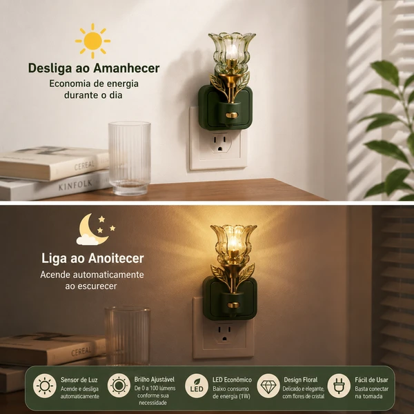 Luminária Floral LED de Cristal com Sensor de Luz e Brilho Ajustável