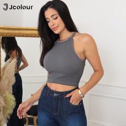 3 Peças Cropped Regata de gola alta sexy，Top curto justo sem mangas，Regata de tricô casual 